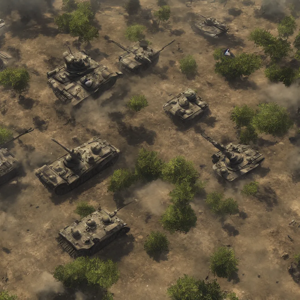 Image similar to war, battlefield, tanks, infantry, top - down view, detailed, cinematic, unreal engine