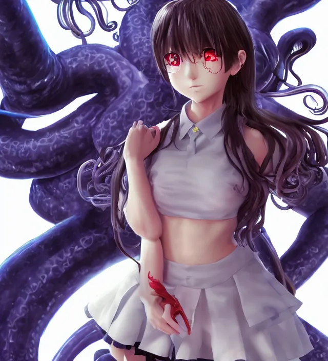 Image similar to hd 3 d rendered anime game portrait of a cute young schoolgirl complicated tentacle angelic deity demons future downtown in ishikawa ken miura kentaro gantz devilman frank miller jim lee alex ross style detailed trending award winning on flickr pixiv artstation