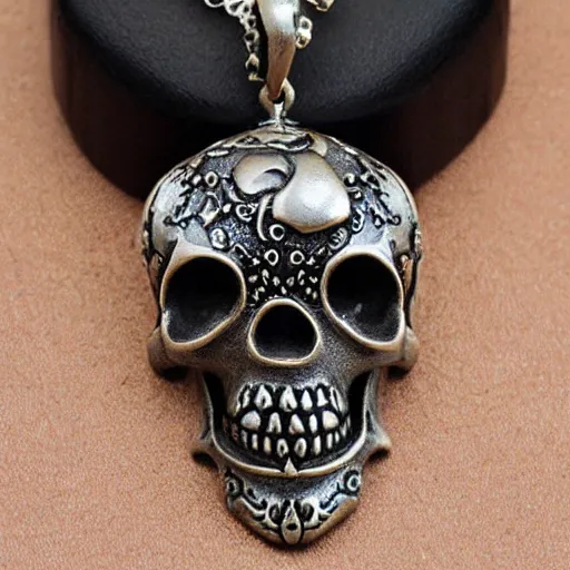 Prompt: fine beautiful rococo artnouveau skull necklace