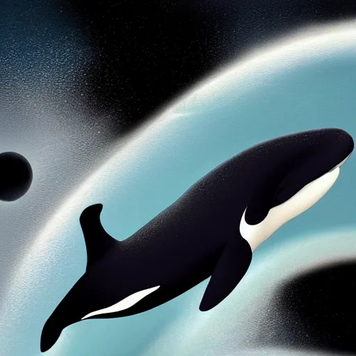 Image similar to orca killer whale jumping over the moon. space, stars, planets. Ocean life, marine life. Trending on artstation