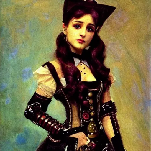 Prompt: Portrait of a steampunk Ariana Grande, elegant, mechanical, broad detail, facial details, vintage shading, by Ilya Repin