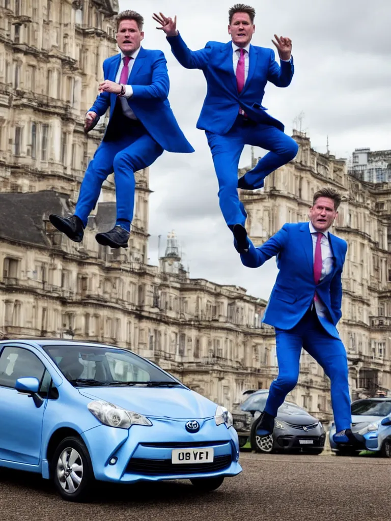 Image similar to Sir Kier Starmer wearing a blue suit jumping on top of a toyota yaris