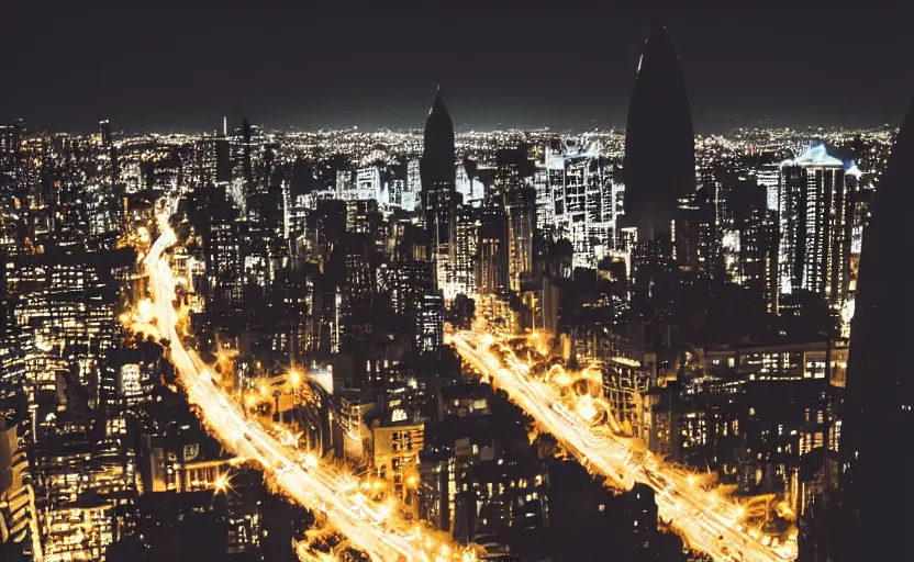 Image similar to Batman overlooking Gotham City at night, cinematic, professional photography