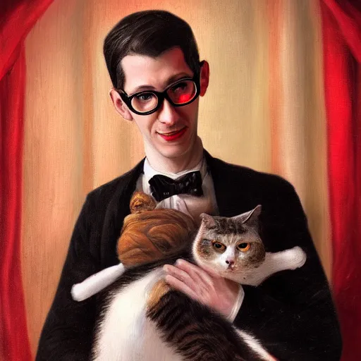 Prompt: 19th century portrait of Neil Cicierega looking forward holding his cat, serious facial expression, digital artwork, highly detailed, trending on artstation, red colors, dark, dreamlike, mystical, red lights, contrast, black background, digital painting, 8K, high contrast lighting, cat looking forward