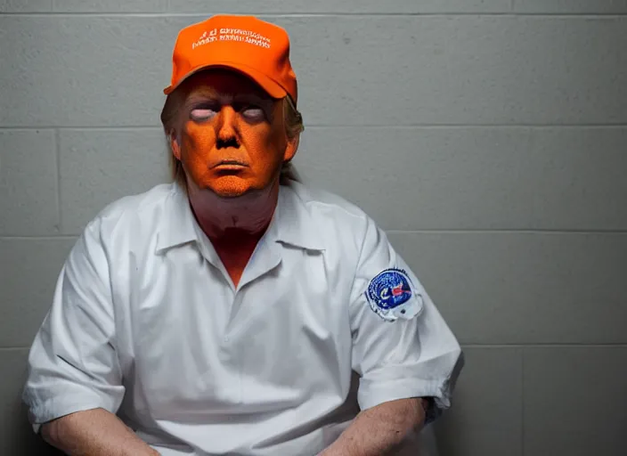 Prompt: photo of donald trump sitting in a jail cell wearing an orange jumpsuit defocused bars in the foreground, studio lighting, key light, 8 k, 8 5 mm f 1. 8