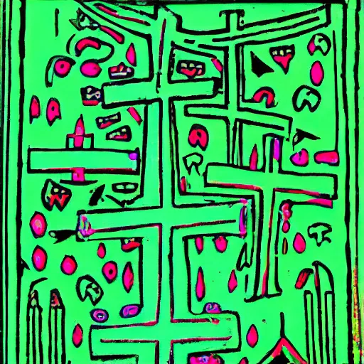 Image similar to fluo green cave painting of crosses and ufos