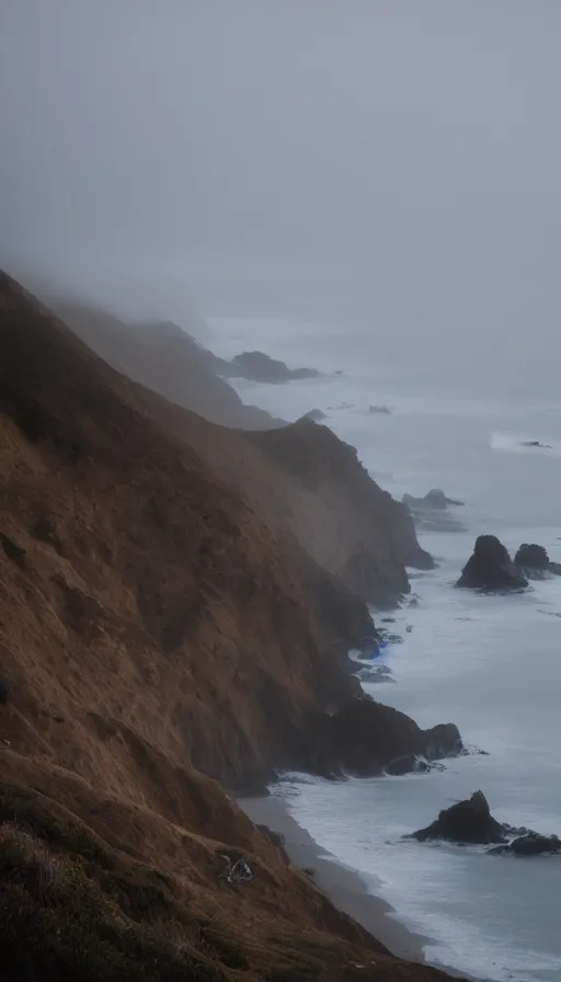 Prompt: gloomy dark pacific coast highway, deep blues, fog, night, dimmed light