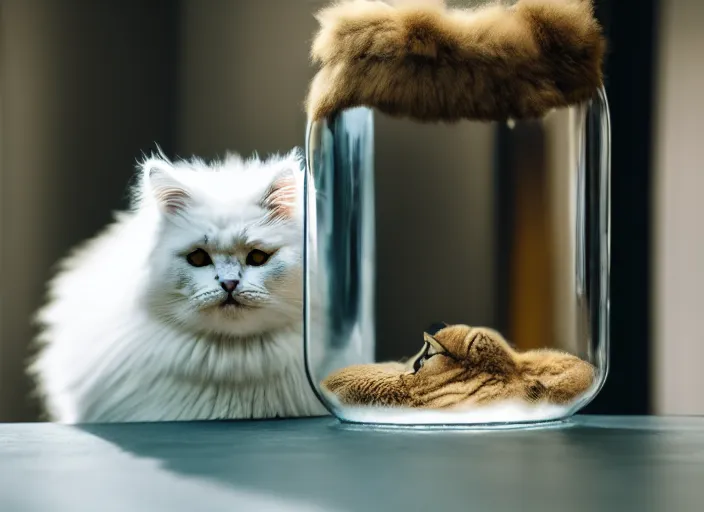 Prompt: liquid fluffy cat stuffed in a glass jar. fantasy magic style. highly detailed 8 k. intricate. lifelike. soft light. sony a 7 r iv 5 5 mm. cinematic post - processing