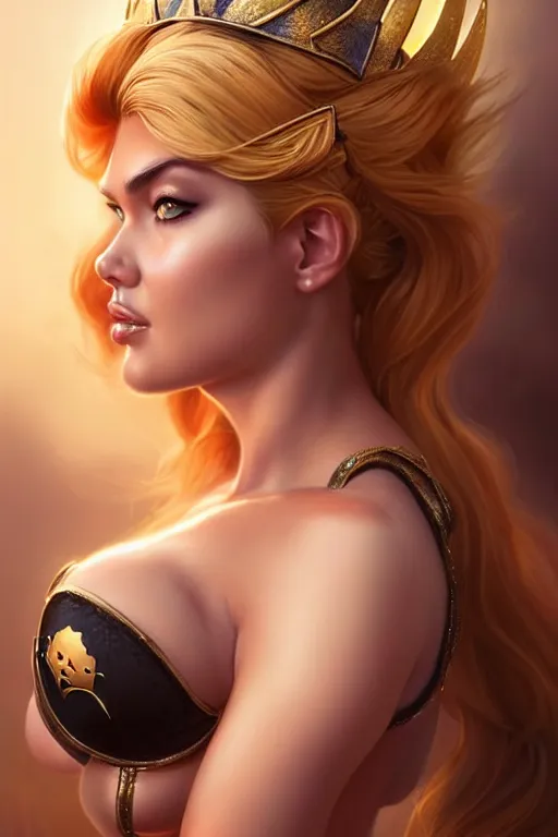 Image similar to hyper-realistic, gorgeous!!! woman resembling kate upton as bowsette, elegant, warrior princess, intricate, highly detailed, artstation, digital painting, smooth, concept art, illustration, character design, sharp focus, art by artgerm & JeeHyung lee & WLOP