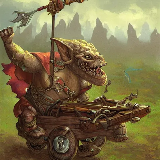 Image similar to painting of chubby goblin riding in a slapdash wooden cart holding a lance, fantasy art, magic : the gathering art, by diterlizzi