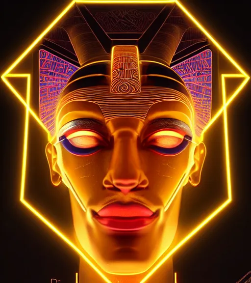 Image similar to symmetry!! egyptian god of technology, solid cube of light, hard edges, product render retro - futuristic poster scifi, lasers and neon circuits, brown skin handsome egyptian god, intricate, elegant, highly detailed, digital painting, artstation, concept art, smooth, sharp focus, illustration, dreamlike, art by artgerm