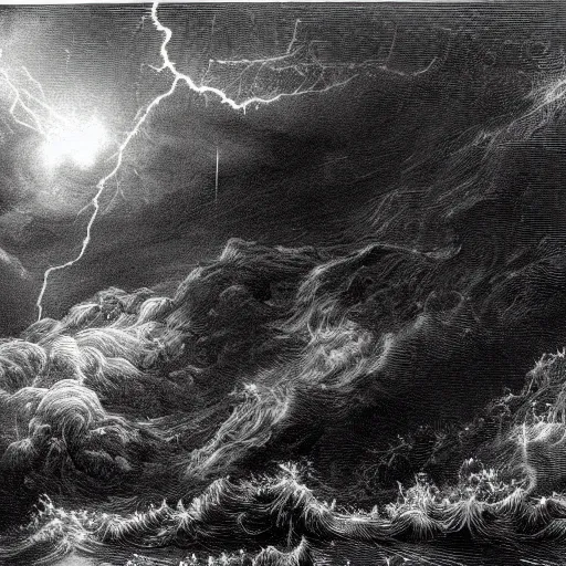 Image similar to drawing close up of large pepe the frog fighting lightning storm above a stormy ocean, by gustave dore, nineteenth century, black and white, vintage, science fiction, epic composition, dramatic lighting, highly detailed.