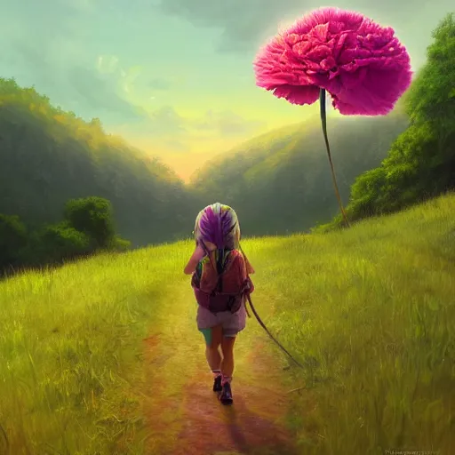 Image similar to giant carnation flower as a head, girl hiking in a lush valley, surreal photography, sunrise, dramatic light, impressionist painting, colorful clouds, digital painting, artstation, simon stalenhag