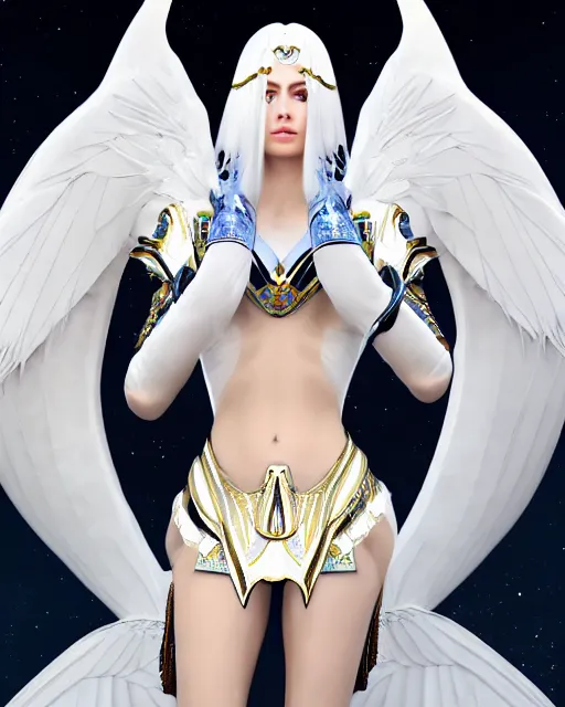 Image similar to perfect white haired egyptian goddess wearing white dove wings, warframe armor, regal, attractive, ornate, sultry, beautiful, charlize theron, half asian, pretty face, blue eyes, detailed, scifi platform, 4 k, ultra realistic, epic lighting, cinematic, masterpiece, art by akihito tsukushi, voidstar, trending on artstation