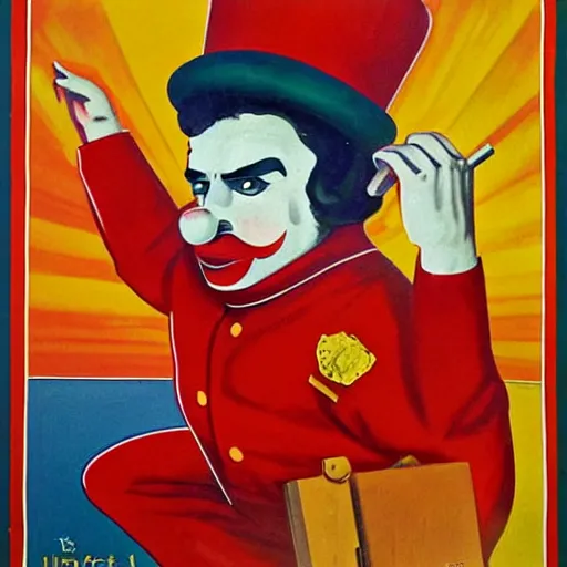 Prompt: communist clown painting, soviet propaganda style, poster