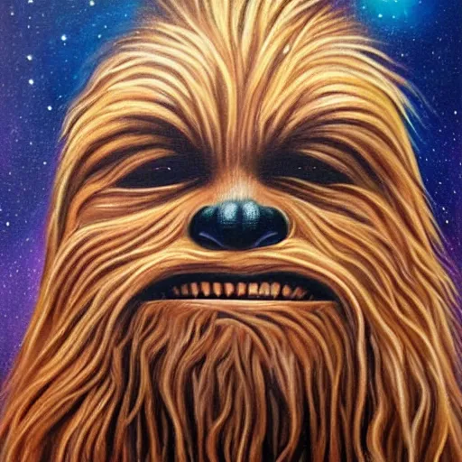 Image similar to A painting of chewbacca thinking designed by alex grey, flooko, etheral, detailed, glows,