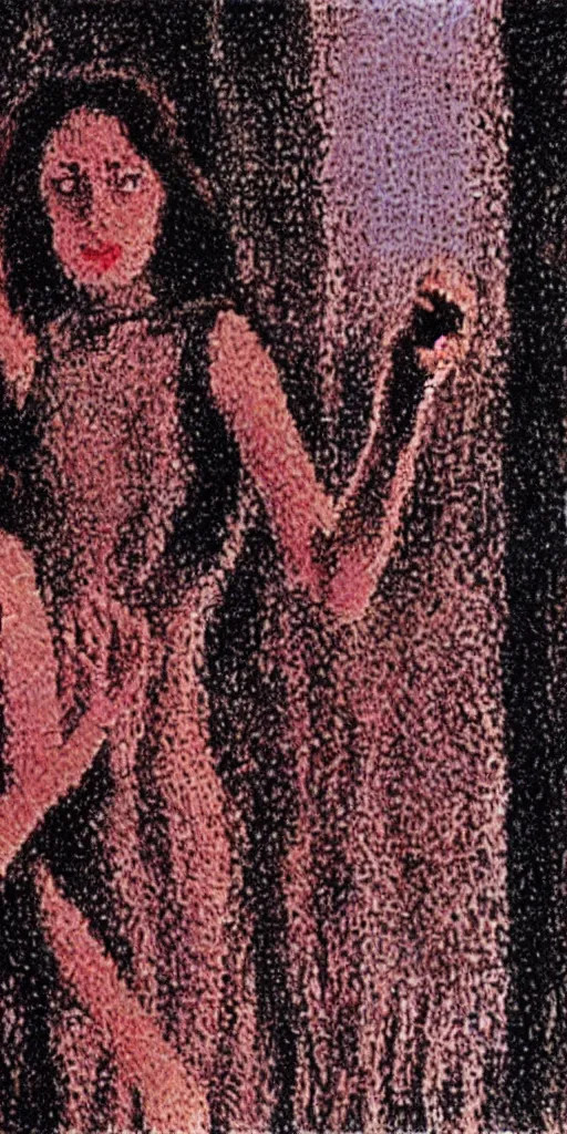 Prompt: a film still of suspiria by dario argento, 1 9 7 7, painted by impressionism, pointillism, detailed