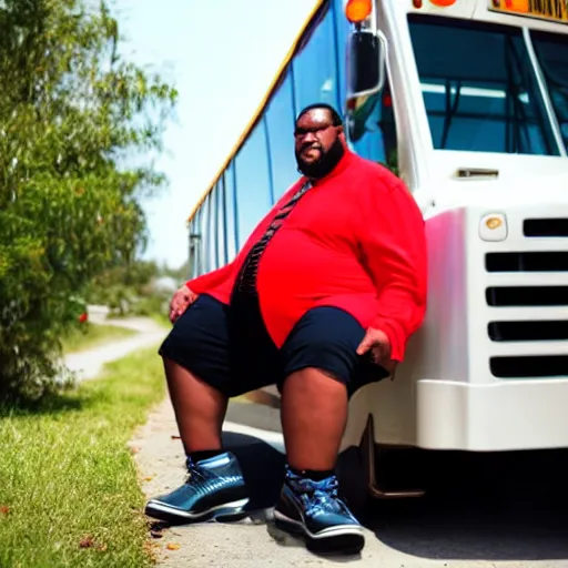 Image similar to overweight african american male school bus driver with dreads, wearing shorts with chubby legs, big moe,