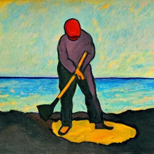 Image similar to a fauvist painting of a man deep in a hole on the beach, with a shovel, after sunset,