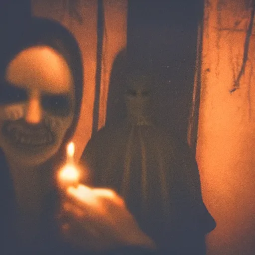 Image similar to A selfie of a woman in a dark room, with a spooky filter applied, with a figure in the background, in a Halloween style.