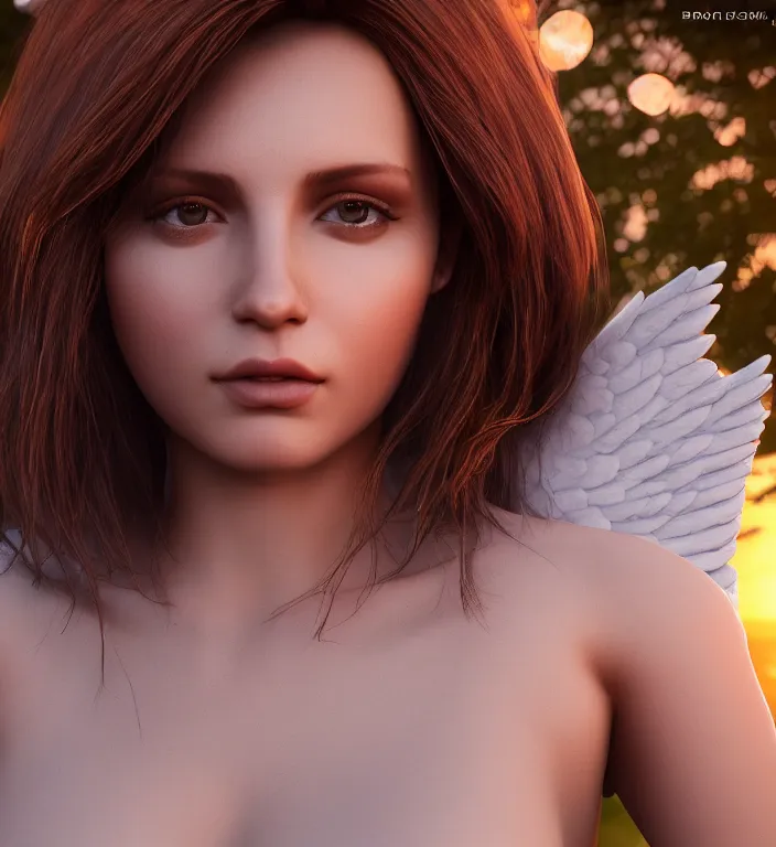 Image similar to centered waist up portrait of an angel, bokeh + DOF + 8k, photorealistic + rendered in unreal engine + ultra realistic + backlit + strong rimlight, sunset + HDRI, HD, Photoreal , trending on artstation