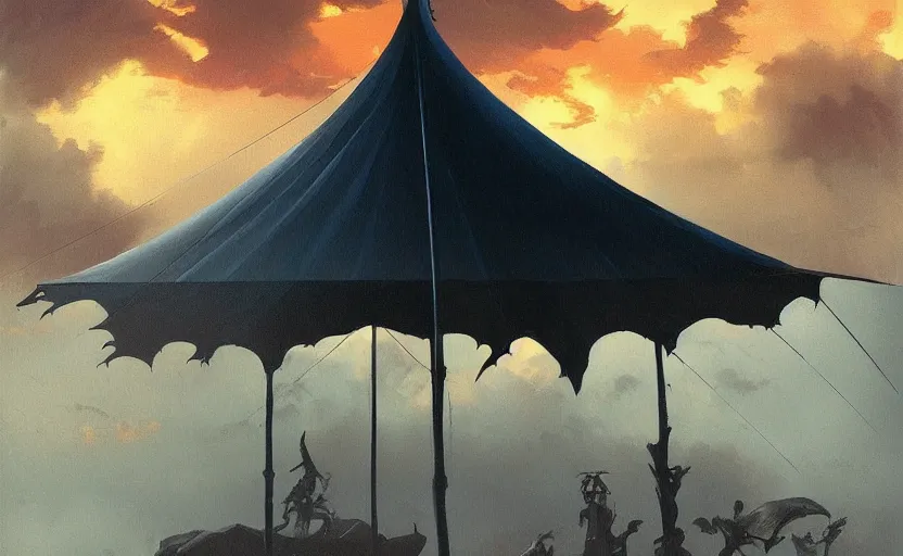 Prompt: beautiful painting silhouette of dark colorfull evil circus tent, dark stormy dramatic sky, Moebius, frank frazetta, james gurney, thomas kinkade, rodney mathews, beeple, trending on artstation