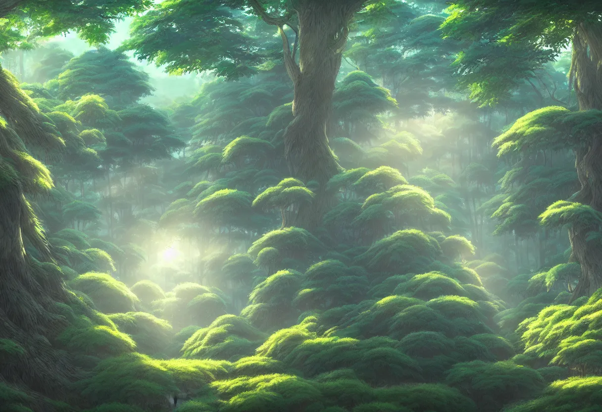 Image similar to a beautiful ultradetailed painting of forest, studio ghibli sunlight, archdaily, wallpaper, highly detailed, trending on artstation