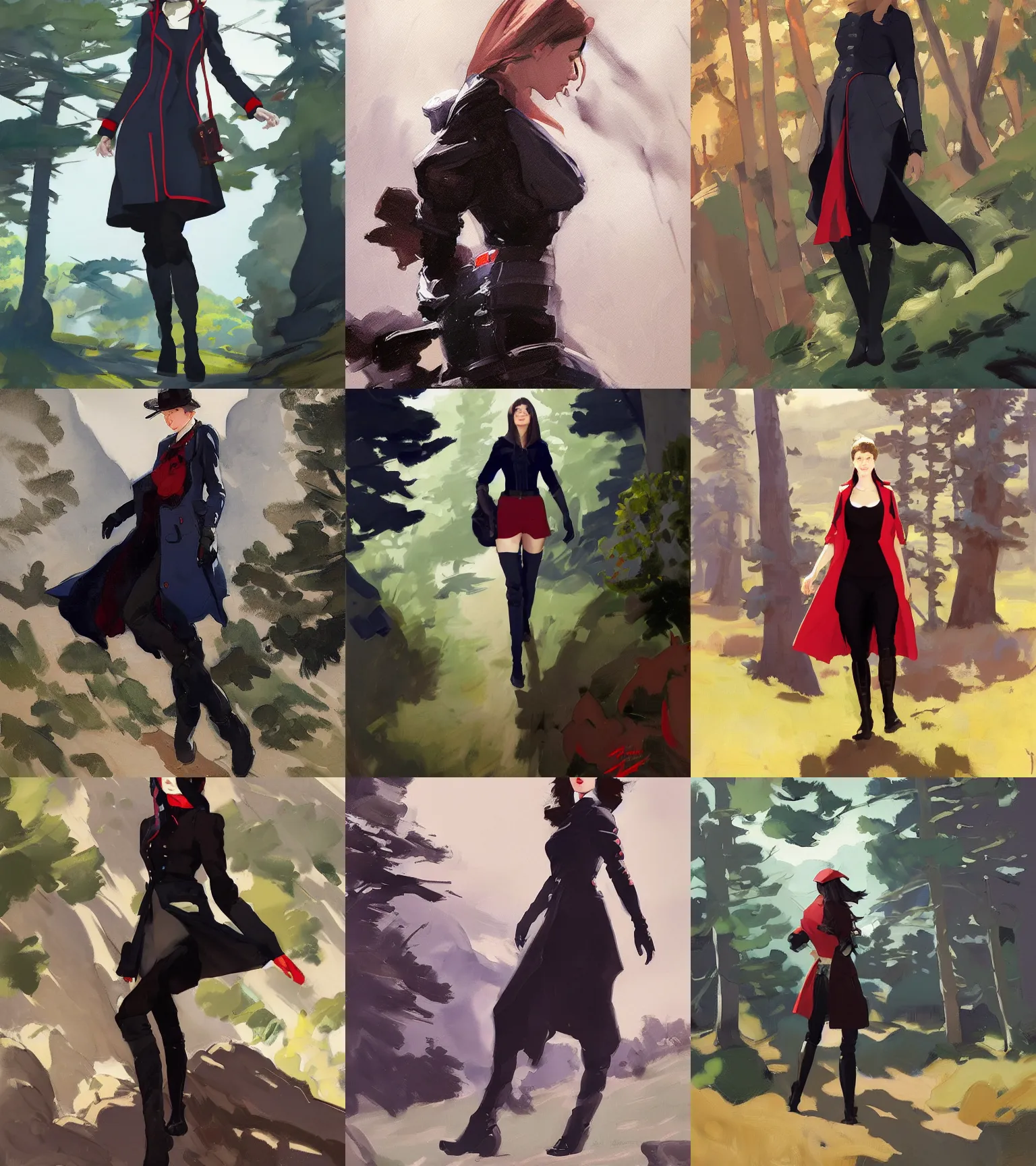 Image similar to black red blue white cloth fabric jodhpurs knee high boots travel coat fashion, solo hiking in mountains trees, greg manchess painting by sargent and leyendecker, studio ghibli, fantasy, asymmetrical, intricate, elegant, matte painting, illustration, hearthstone, by greg rutkowski, by greg tocchini, by james gilleard, by joe fenton