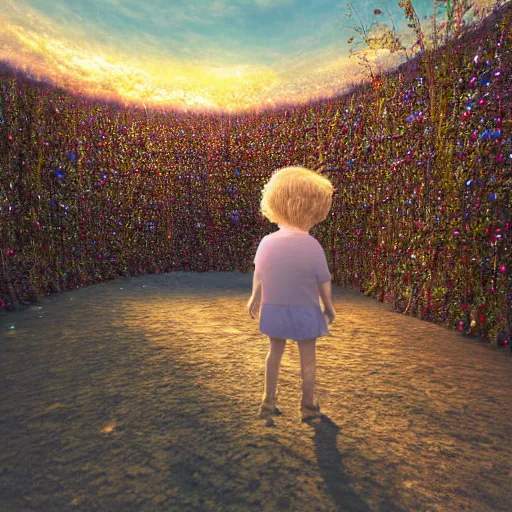 Image similar to a _ child _ walking _ down _ a _ liminal _ styled _ space _ stunning _ sunset _ in _ a _ heavenly _ crystallized _ garden _ of _ eden _ notan _ 3 d _ architecture _ single _ point _ perspective _ f 2 2 _ untra _ long _ shot _ wide _ angle _ lens _ trending _ on _ artstation