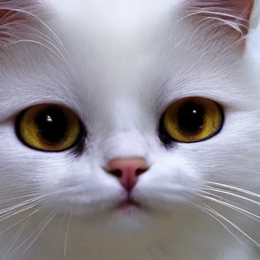 Image similar to cute white fluffy cat, large eyes, eats owner