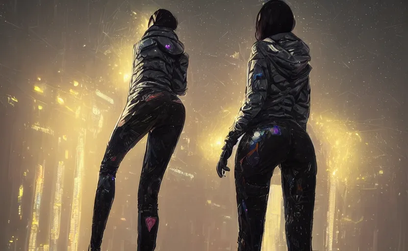 Image similar to skill magic deepdream guard girl cyberpunk futuristic, reflective puffer jacket, black leggings from the back radiating a glowing aura by ismail inceoglu dragan bibin hans thoma, perfect face, fine details, realistic shaded, fine - face, pretty face