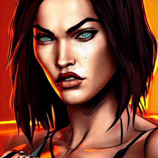 Image similar to megan fox portrait, borderlands, tales from the borderlands, the wolf among us, comic, cinematic lighting, studio quality, 8 k