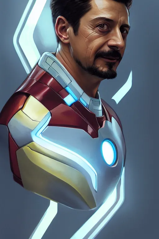 Image similar to happy vladimir zelensky is similar to tony stark, portrait, iron man, highly detailed, digital painting, artstation, concept art, smooth, sharp focus, illustration, cinematic lighting, art by artgerm and greg rutkowski and alphonse mucha