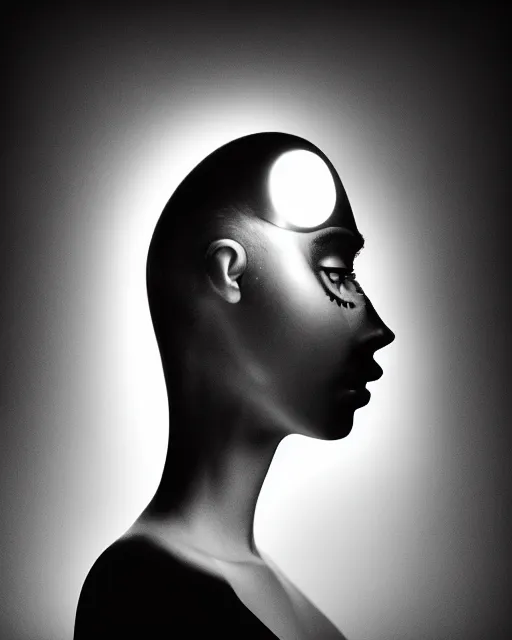 Image similar to black and white high quality photo of a beautiful female AI vegetal-cyborg looking into a sci-fi mirror, volumetric lighting, liminal space, brutalism, foggy, dreamy, hyperdetailed, bokeh, photorealistic, cinematic, masterpiece, elegant, dark, by Man Ray in the style of Horst P. Horst, octane render, 8K,