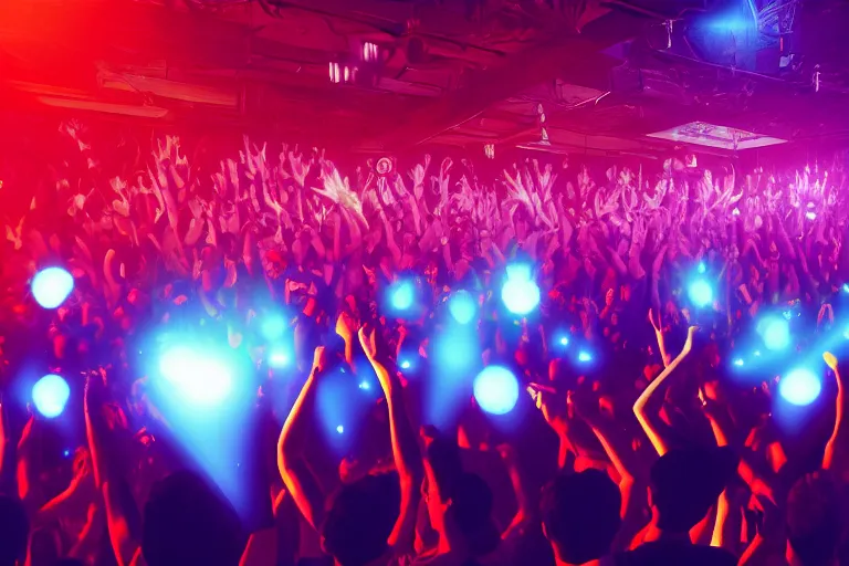 Prompt: crowd partying with their hands up at a club, some hands are making heart shapes, volumetric lighting, haze, moving heads light beams, spot lights, disco ball, silhouette, digital art, trending on artstation, 4k, unreal engine, intricate, ornate