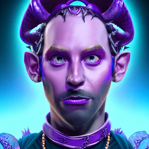 Image similar to an oil art close up portrait of young tiefling mage with purple magic in style of disco elysium character, bard jester character design from critical role, 4 k, ultra detail, volumetric lighting, unreal engine, octane render