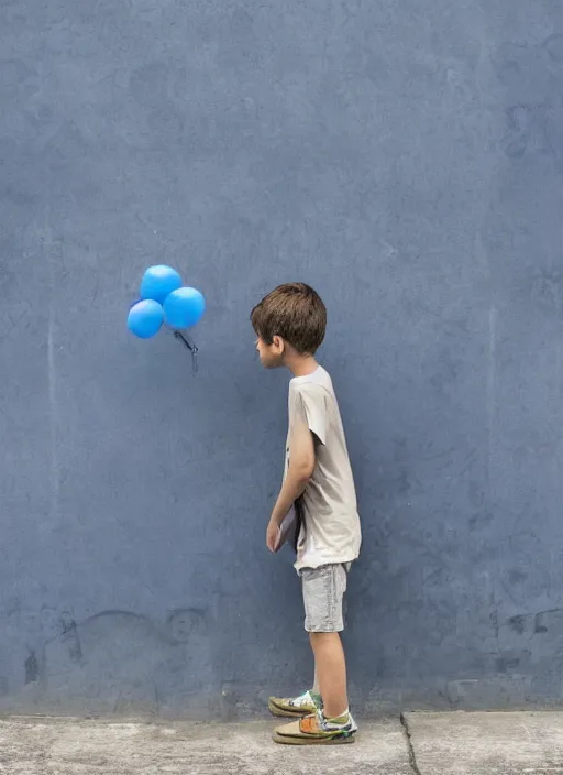 Prompt: a side profile of a boy holding a single blue balloon on a concrete background in the style of Banksy, graffiti, digital art