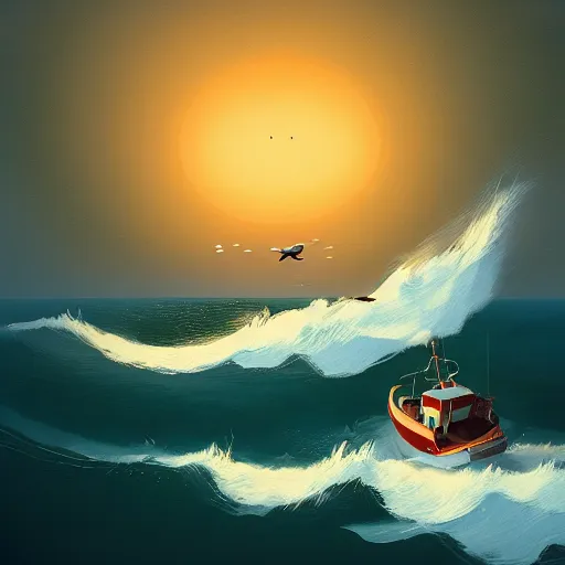 Image similar to goro fujita ilustration a bird flying over a fishing boat in the middle of the ocean with waves, foam on the waves, painting by goro fujita, sharp focus, highly detailed, artstation