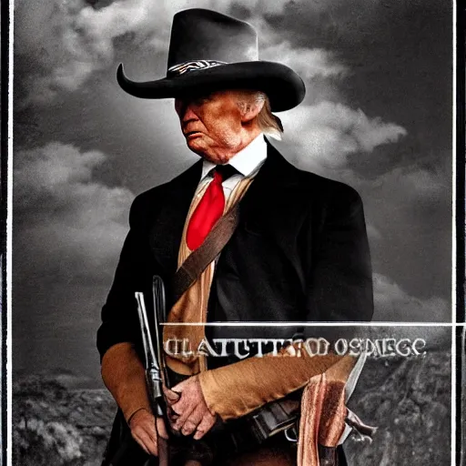 Image similar to an 1 8 0 0 s photo of donald trump playing the role of clint eastwood, squinting at high noon, in the style of a clint eastwood movie, the good, the bad and the ugly, distinguished, clint eastwood, vibe, glory days, mount rushmore, stern, resolve, formal, justice, american flag, independence, patriotism, symmetry, centered, balance