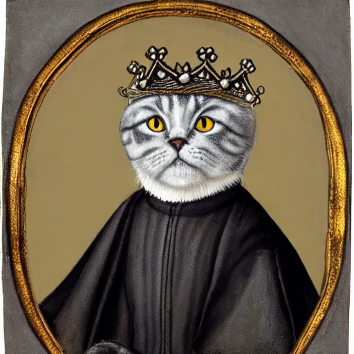 Prompt: a renaissance style portrait painting of a grey scottish fold cat, wearing a crown and cape, dark background