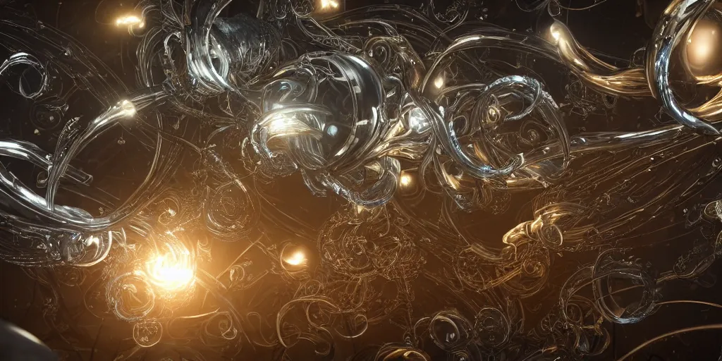 Image similar to swirling abstract cyborg parts and bio - mechanical tendrils and ornate flowing smoke streams and liquid light streaks surround a small metallic sphere, cinematic, unreal engine