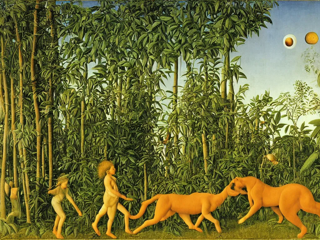 Image similar to The jungle animals are running away from the fiery comet. Painting by Giovanni Bellini, Henri Rousseau