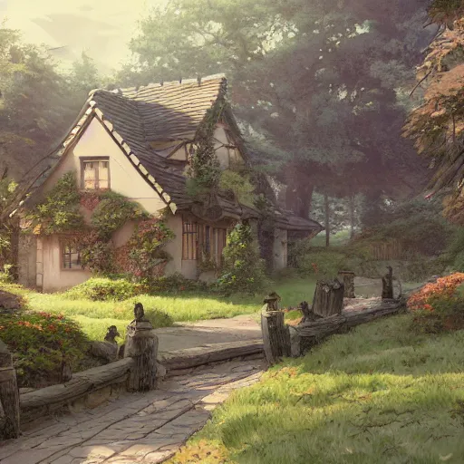 Image similar to concept art painting of an english european cottage with japanese architecture, in the woods, cozy, realistic, detailed, cel shaded, in the style of makoto shinkai and greg rutkowski and james gurney