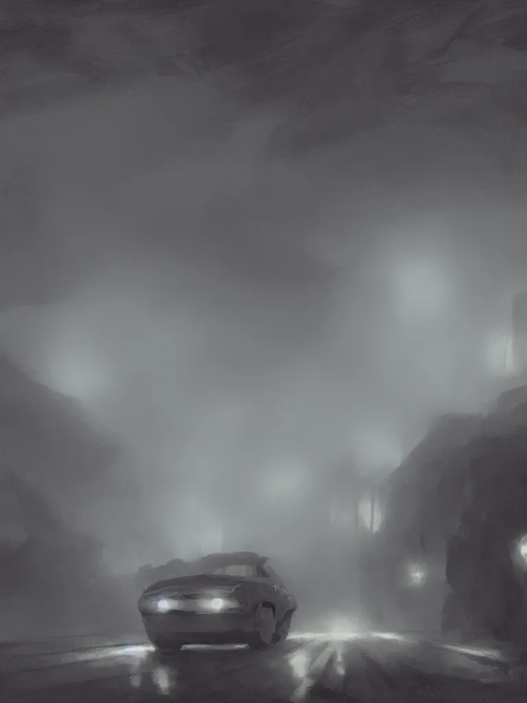 Image similar to headlights through the fog by disney concept artists, blunt borders, rule of thirds