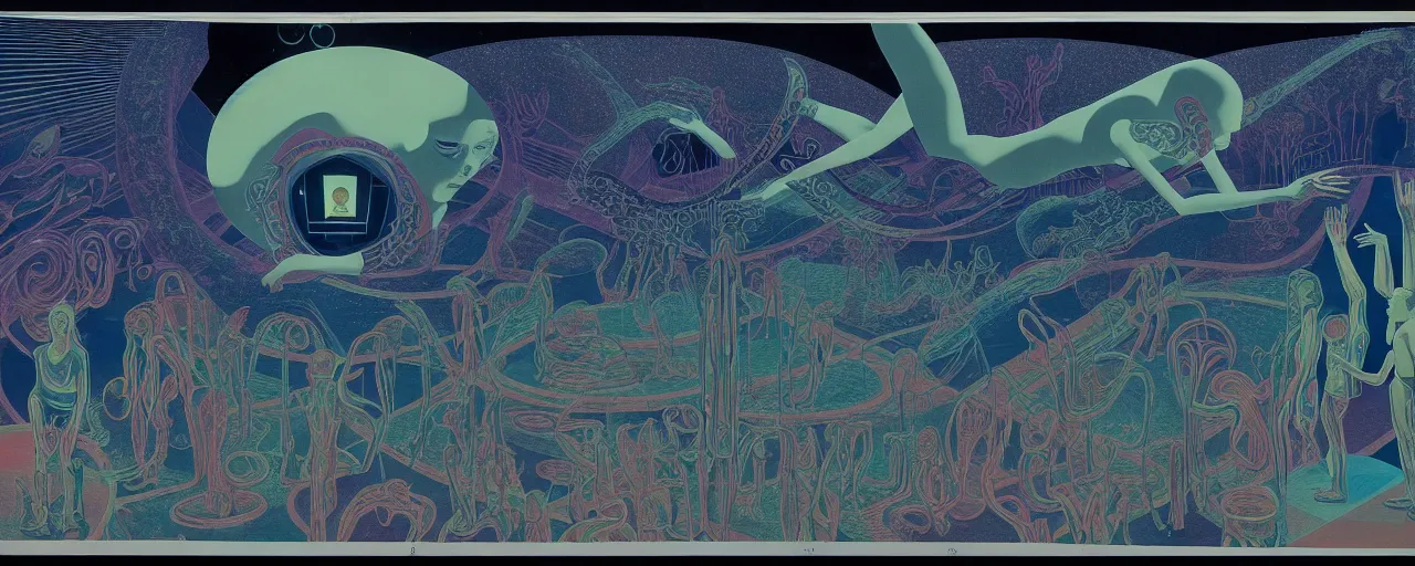 Image similar to 1968 cut out collage, theater stage, neon Greek, dusk on Jupiter, epic theater, deep sea ambience, aquatic plants, film noir, in part by Alex Grey, part by Moebius, composition William S Boroughs, written by H. P. Lovecraft