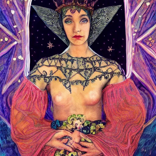 Image similar to the night crown, by Annie Swynnerton and Alayna Danner, embroidered robes, starry tattoos, elaborate costume, geometric ornament, symbolist, soft colors, dramatic lighting, smooth, sharp focus, extremely detailed