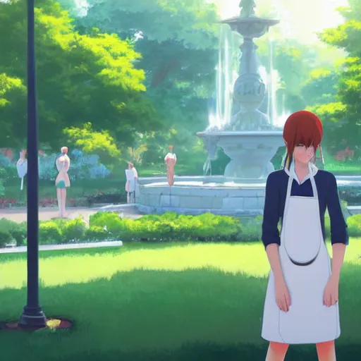 Prompt: a full body portrait of a young woman wearing a white apron standing in front of a fountain in a park, makoto shinkai, james gilleard, very detailed, matte, gaussian blur, tone mapped William-Adolphe