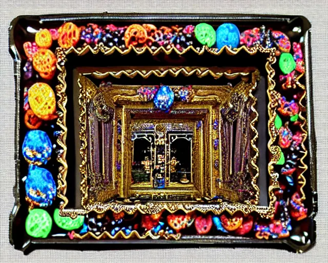 Prompt: baroque bedazzled gothic royalty frames surrounding a pixelsort energy drink made out of glowing ooze, candy worms, and mud.