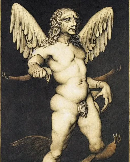 Prompt: human / eagle / lion / ox hybrid with two horns, one big beak, mane, human body. drawn by leonardo da vinci