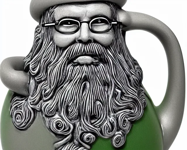 Prompt: mr robert is drinking fresh tea in a garden from spiral mug, detailed face, wearing glasses, grey beard, full body artistic photo